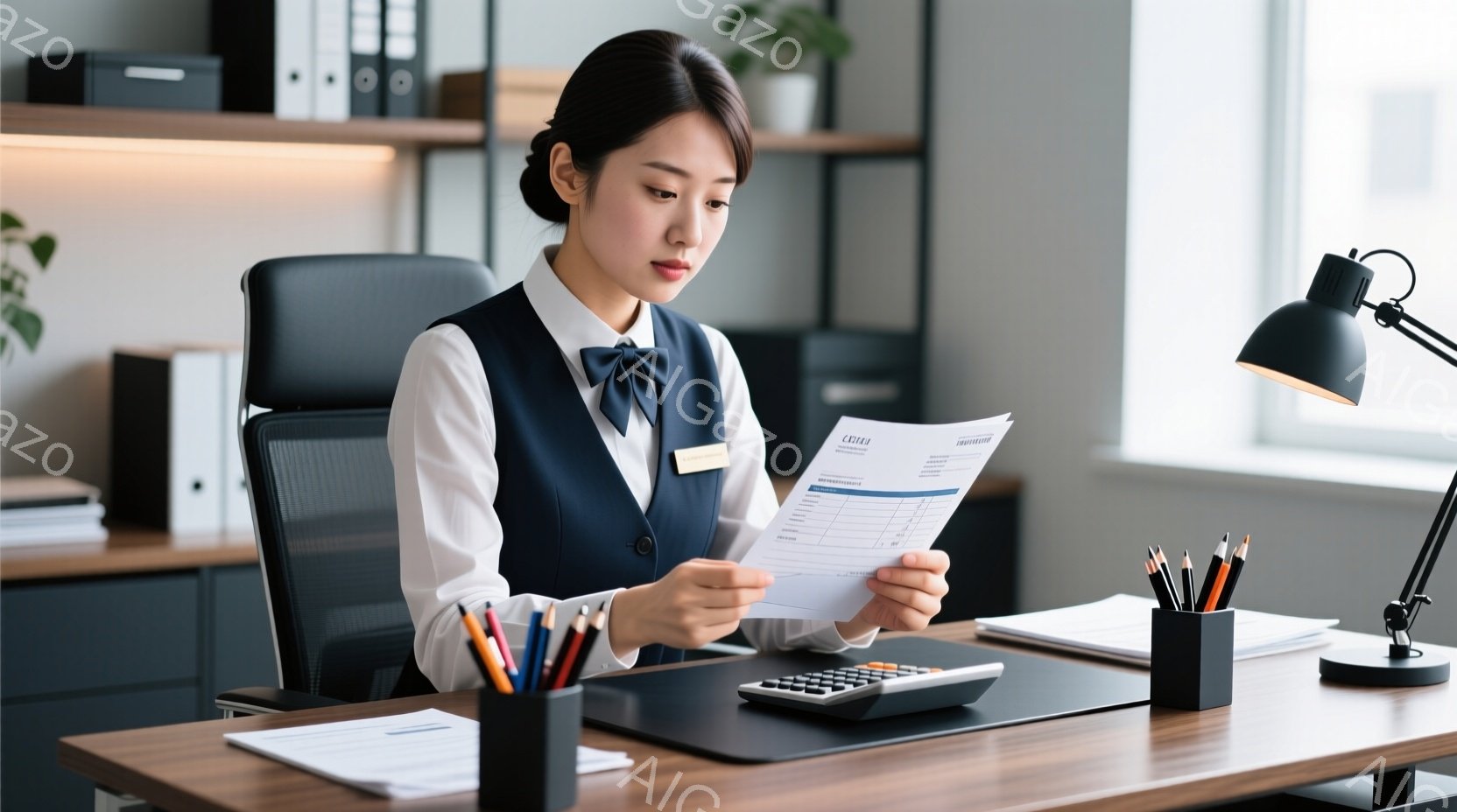 女性は紺色のベストと白いシャツを着ており、整ったヘアスタイルで、書類を真剣な表情で確認しています。彼女はオフィスチェアに座り、机の上には電卓やペン立てが置かれています。背景にはファイルや植物が見え、落ち着いた雰囲気のオフィス空間であることがわかります。