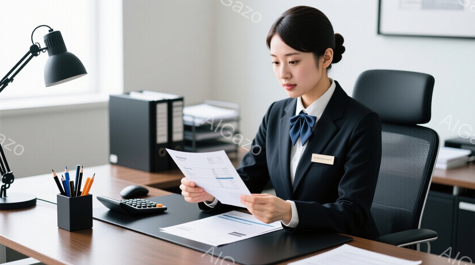 黒いジャケットとブラウスを着た女性が、オフィスで書類を手に持っている。彼女は椅子に座り、集中した表情で書類を調べている。背景には、整理整頓されたオフィスと、黒いファイルボックスが見える。 - AI生成フリー素材