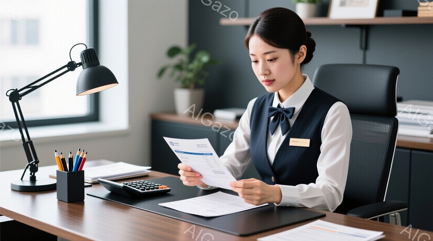 制服を着た女性が、オフィスで書類を手に取り、確認している様子が写っています。彼女は髪を後ろにまとめ、真剣な表情で書類を読み込んでおり、姿勢もまっすぐでプロフェッショナルな印象を与えます。背景には、木製 - AI生成フリー素材