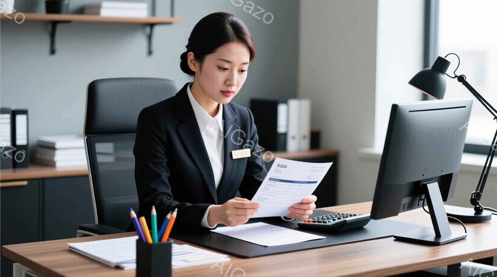 黒いスーツに白いシャツを着た女性が、書類を手にオフィスで座っています。彼女は真剣な表情で書類を見つめ、姿勢はきちんとしています。背景には、コンピューター、電卓、ファイリングキャビネットが見え、プロフェ - AI生成フリー素材
