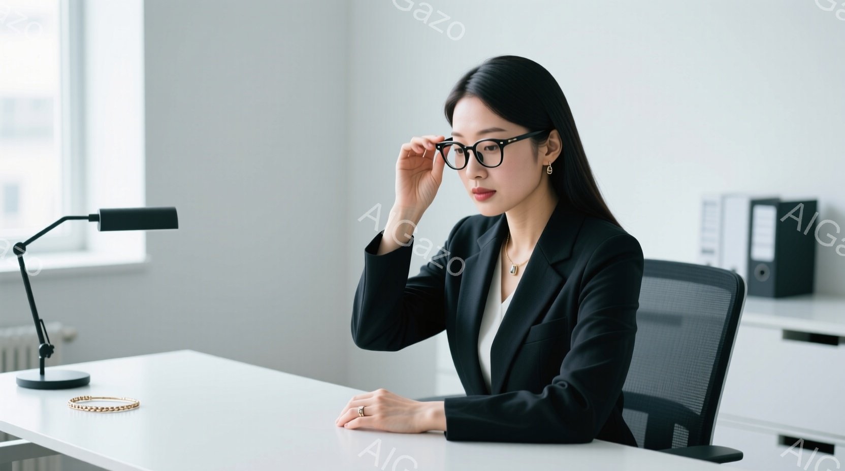 黒いスーツに白いインナーを合わせた女性が、オフィスで机に向かっています。彼女は黒いフレームのメガネをかけており、真剣な表情で何かを見つめているようです。背景はシンプルなオフィスの風景で、明るい光が差し - AI生成フリー素材