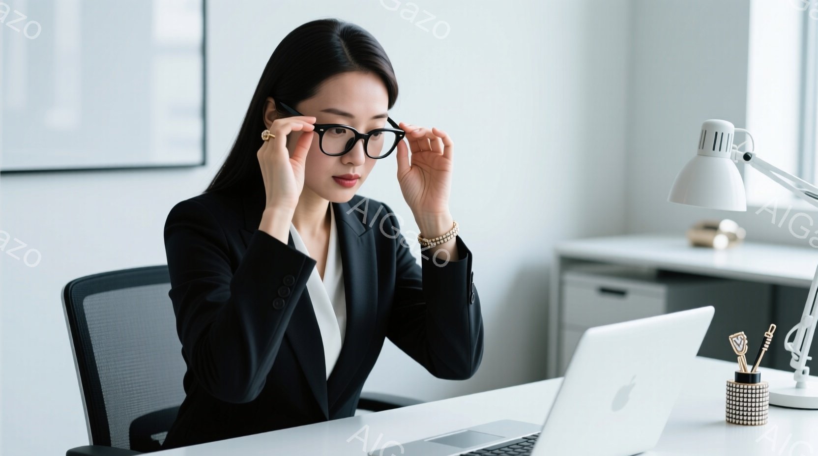 黒いジャケットと白いブラウスを着た女性が椅子に座り、眼鏡を外そうとしています。彼女は真剣な表情で、オフィス環境の中にいます。背景には、白い収納棚とノートパソコン、そしてデスクライトが見え、全体的に洗練 - AI生成フリー素材