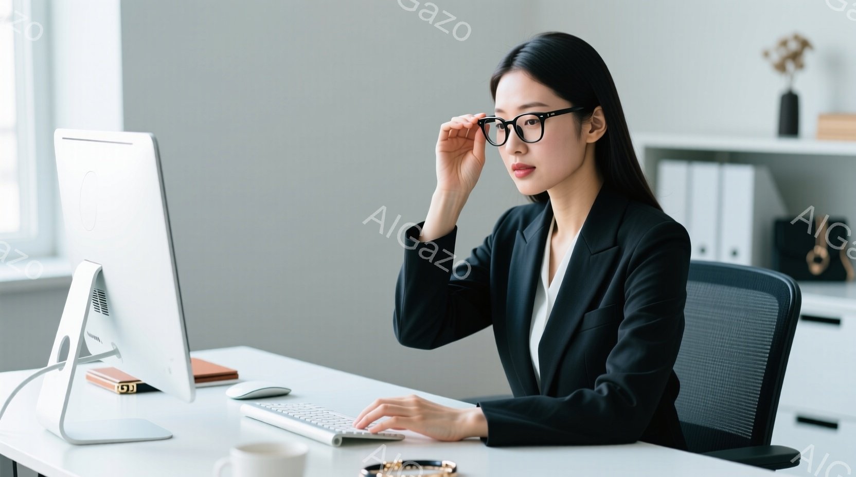 黒いジャケットと白いシャツを着た女性が、オフィスでパソコンに向かってタイピングしている。彼女は黒縁メガネをかけ、真剣な表情でキーボードを見つめている。背景には白い棚や書類が見え、明るく清潔なオフィス環 - AI生成フリー素材