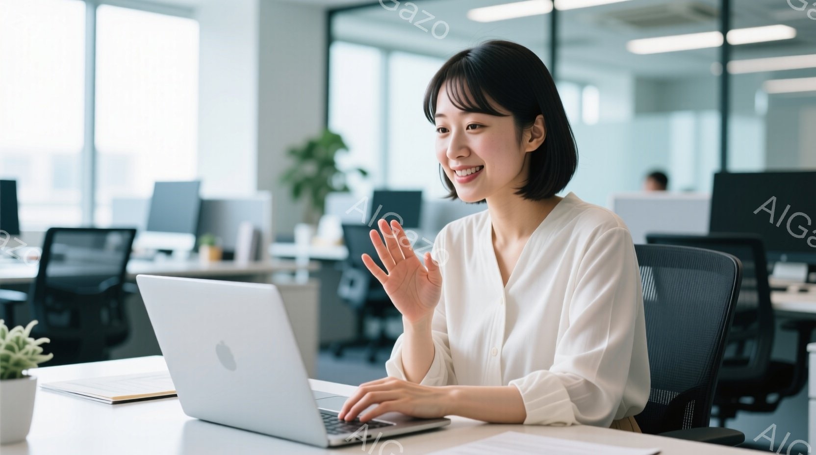 白いブラウスを着た若い女性が、オフィスでノートパソコンに向かって座っています。彼女は明るい笑顔を浮かべ、片手を挙げて誰かに手を振っているようです。背景には他のデスクやオフィス機器が見え、全体的に清潔で - AI生成フリー素材