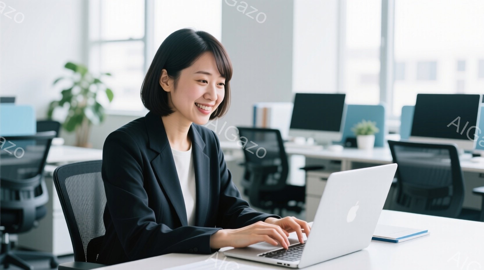 仕事着姿の女性が、オフィスでノートパソコンに向かってタイピングしている様子が写っている。彼女は黒いジャケットと白いシャツを着ており、短めの黒髪はきちんとセットされている。明るい笑顔と、前かがみになった姿勢から、仕事に集中している様子が伺える。