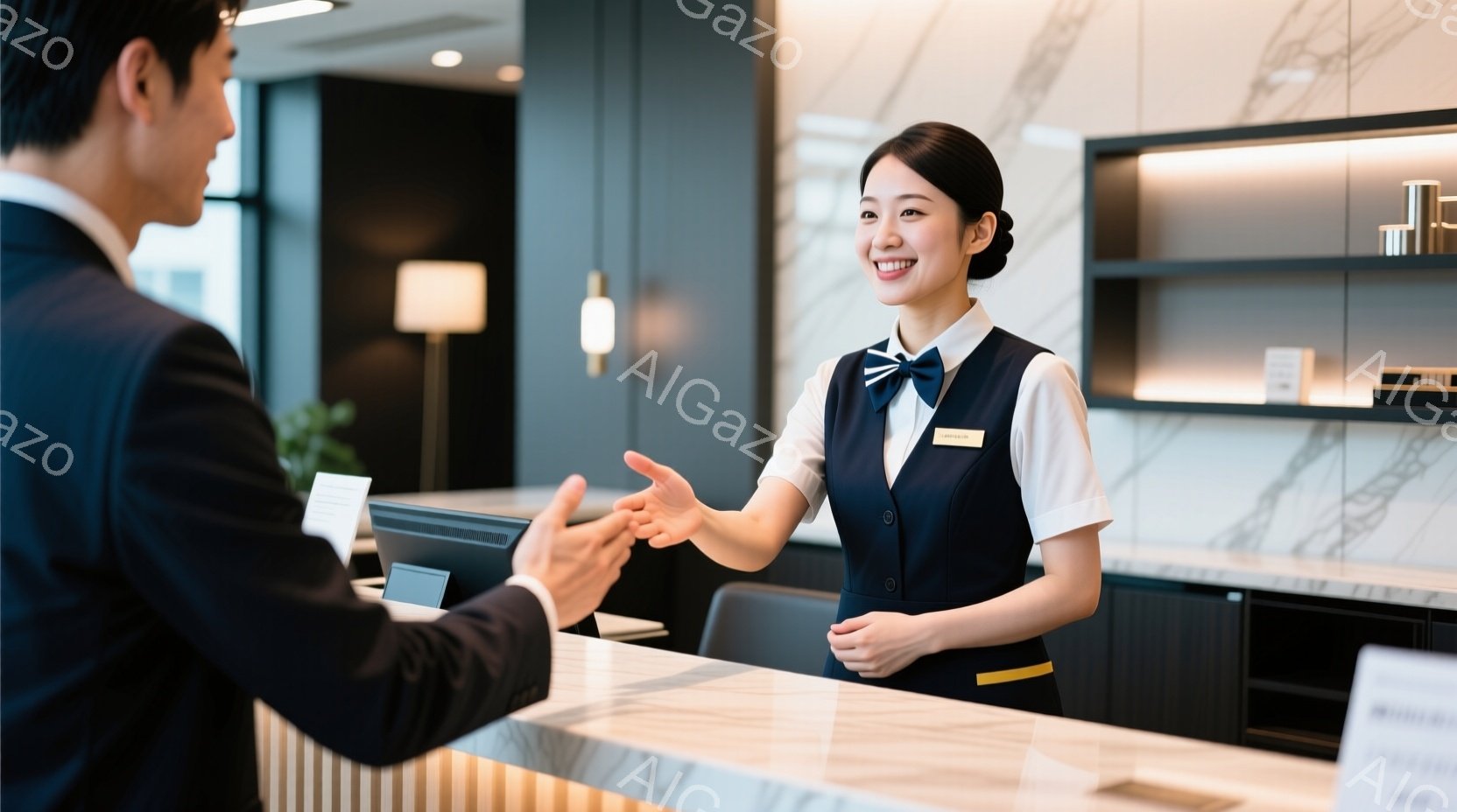 レセプションカウンターで、笑顔の女性スタッフが男性客と握手しています。女性は紺色のベストに白いブラウス、濃い青のリボンタイという制服を着ており、髪は後ろでまとめています。背景には、大理石調のカウンターと棚、そして温かみのある照明が映り、全体的に洗練された雰囲気です。