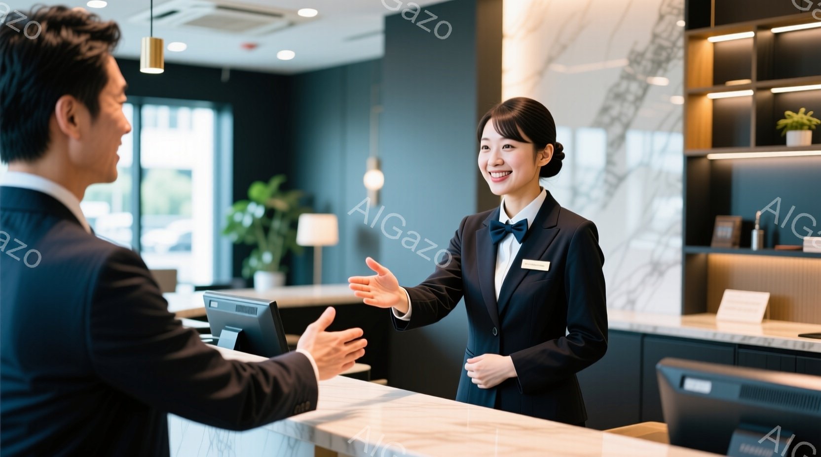 レセプションカウンターで、スーツを着た男性と制服を着た女性が向かい合っています。女性は笑顔で片手を差し出し、男性に何かを案内しているようです。背景には、モダンなデザインの棚と間接照明があり、明るく清潔 - AI生成フリー素材