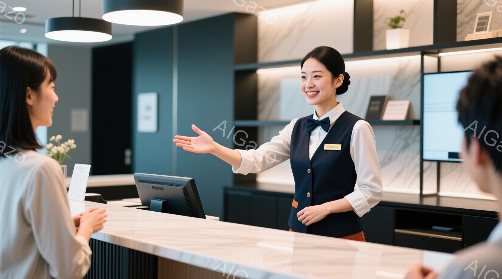 受付カウンターで、紺色のベストと白のブラウスを着た女性が笑顔で手を広げています。彼女は明るい髪を後ろにまとめ、親切な表情で顧客に何かを説明しているようです。背景には大理石調の壁と、観葉植物が置かれた棚があり、清潔感のある落ち着いた雰囲気が漂っています。