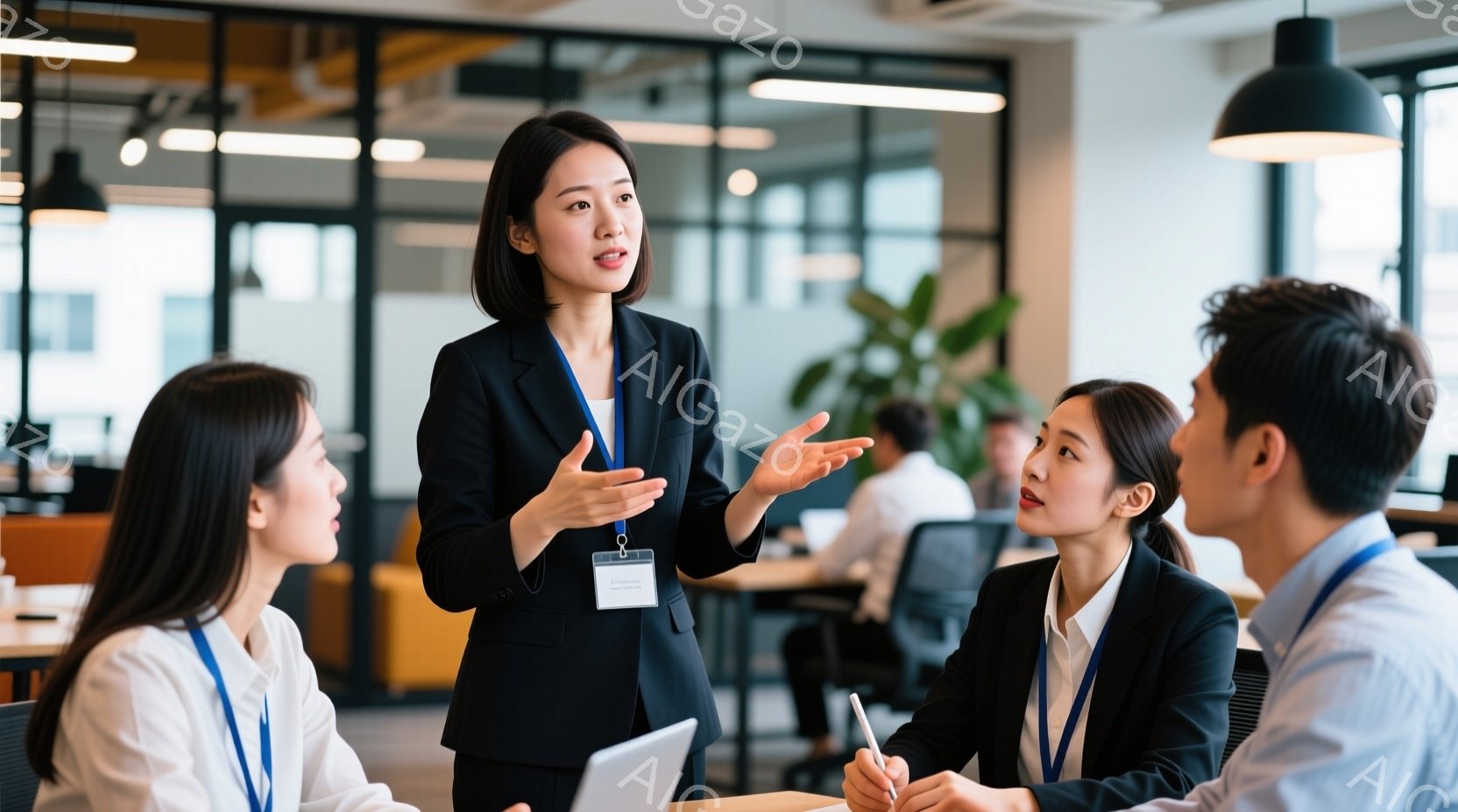 ビジネスシーンの室内が写っています。一人の女性が黒いジャケットを着て、他の三人の同僚に向けて何かを説明しているようです。彼女は手を広げてジェスチャーをしながら、熱心に話しており、他の同僚は真剣な表情で - AI生成フリー素材