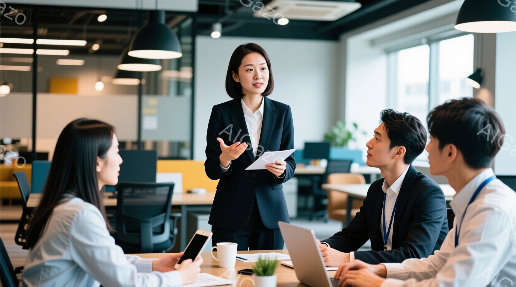 三人のビジネスパーソンが会議室で議論している様子が写っている。女性は黒いスーツを着ており、何かを説明しているように身振り手振りを交えて立っている。男性たちはテーブルを囲み、ノートパソコンやスマートフォ - AI生成フリー素材