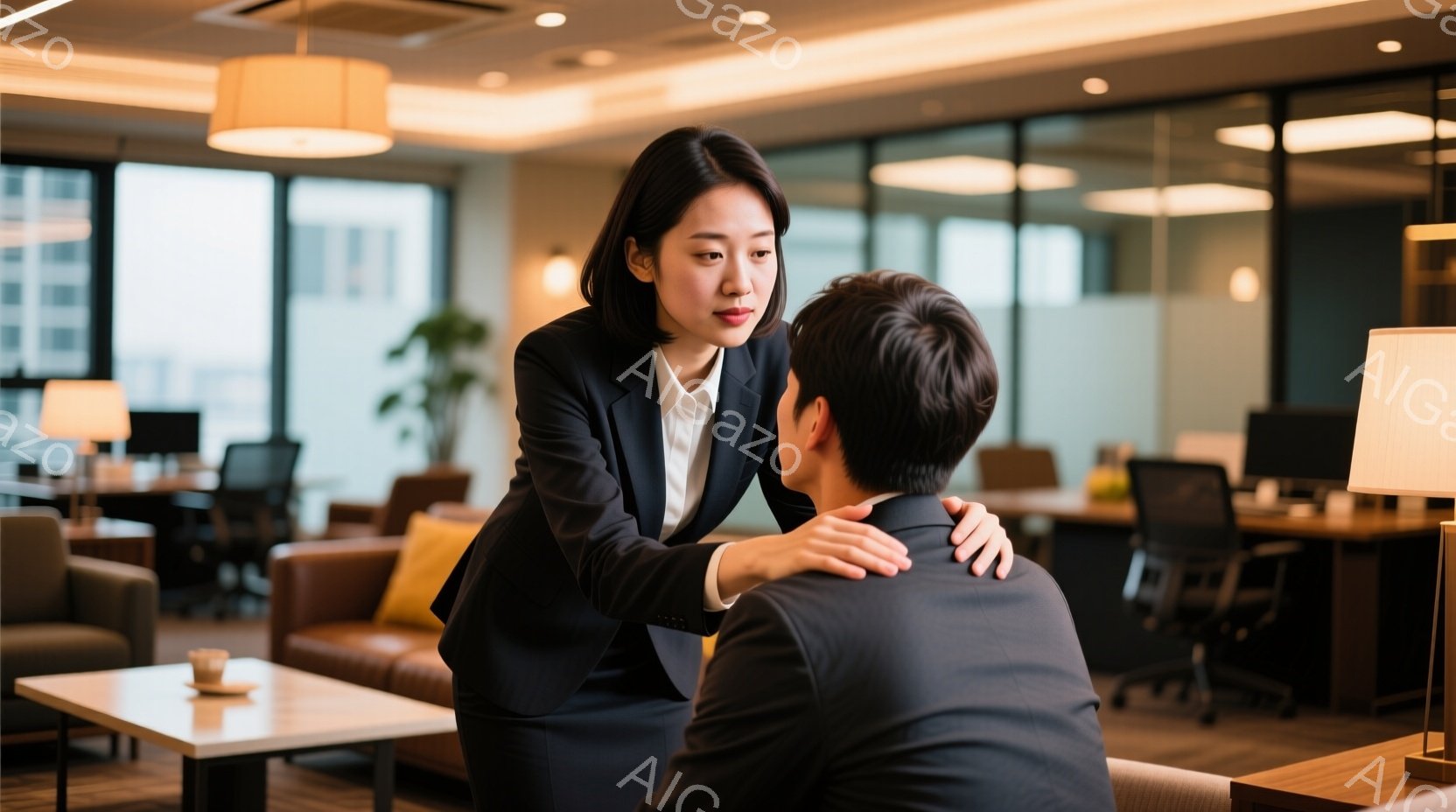 スーツを着た女性が、同じくスーツを着た男性の肩に手を置いている様子が写っています。女性は黒髪で、やや心配そうな表情を浮かべています。背景には、モダンなオフィス空間が広がり、ソファやテーブル、そしてPCが置かれたデスクが見えます。