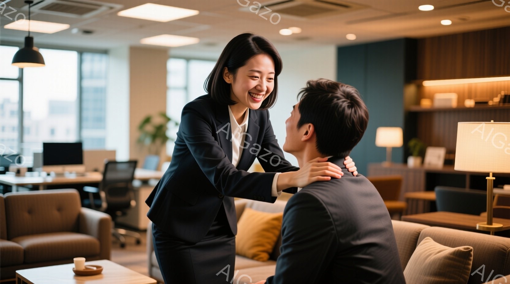 明るいオフィス空間で、黒いスーツに身を包んだ女性が笑顔で男性の肩に手を置いている。男性もまたスーツを着ており、女性を見上げている様子から、和やかな会話が繰り広げられていることが窺える。背景には、ソファ - AI生成フリー素材