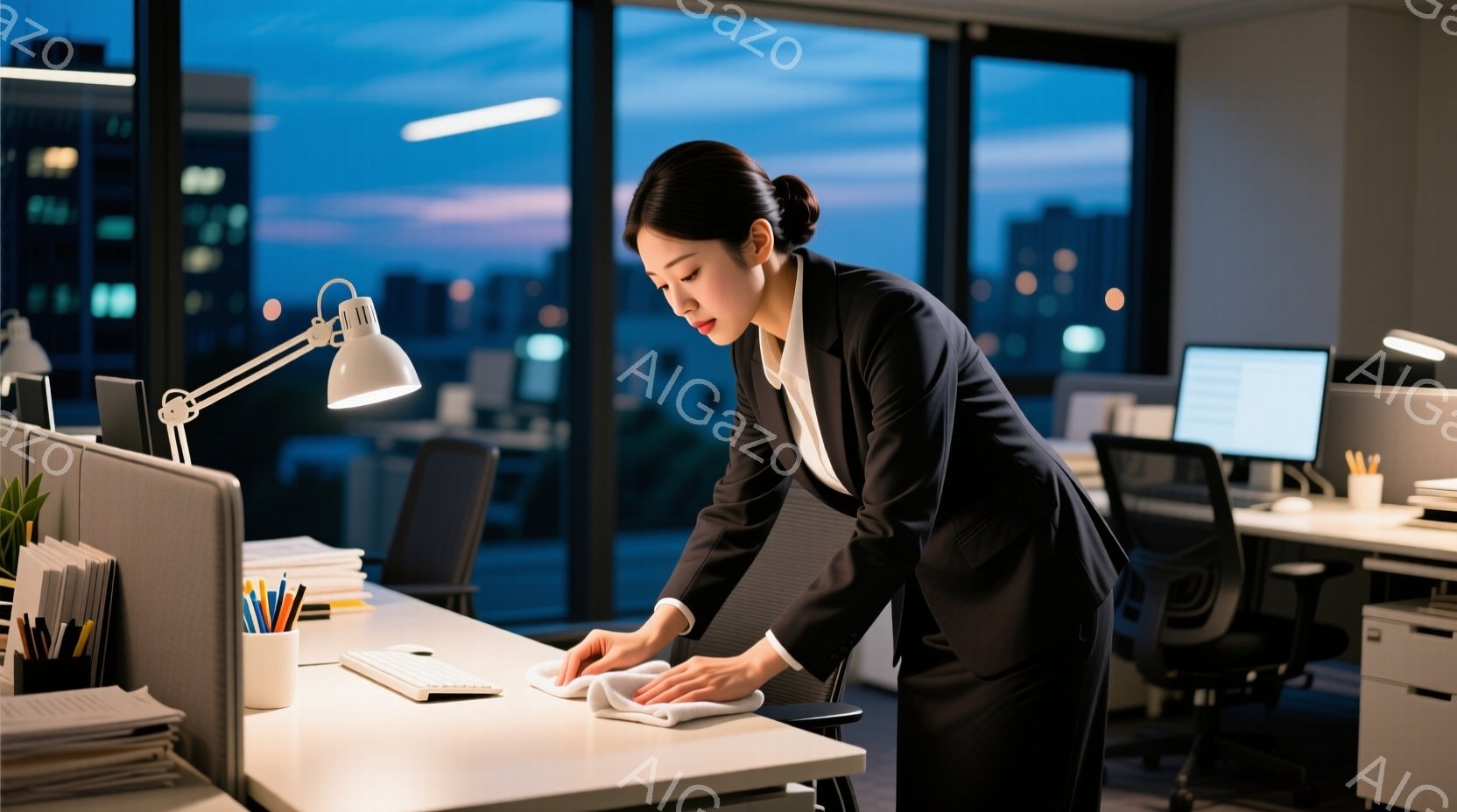 一人の女性がオフィスでデスクを拭いています。彼女は黒いスーツに白いシャツを着ており、髪は後ろでまとめています。背景には夜景の見える高層ビル群があり、室内は薄暗く、集中して作業をする雰囲気が漂っています - AI生成フリー素材