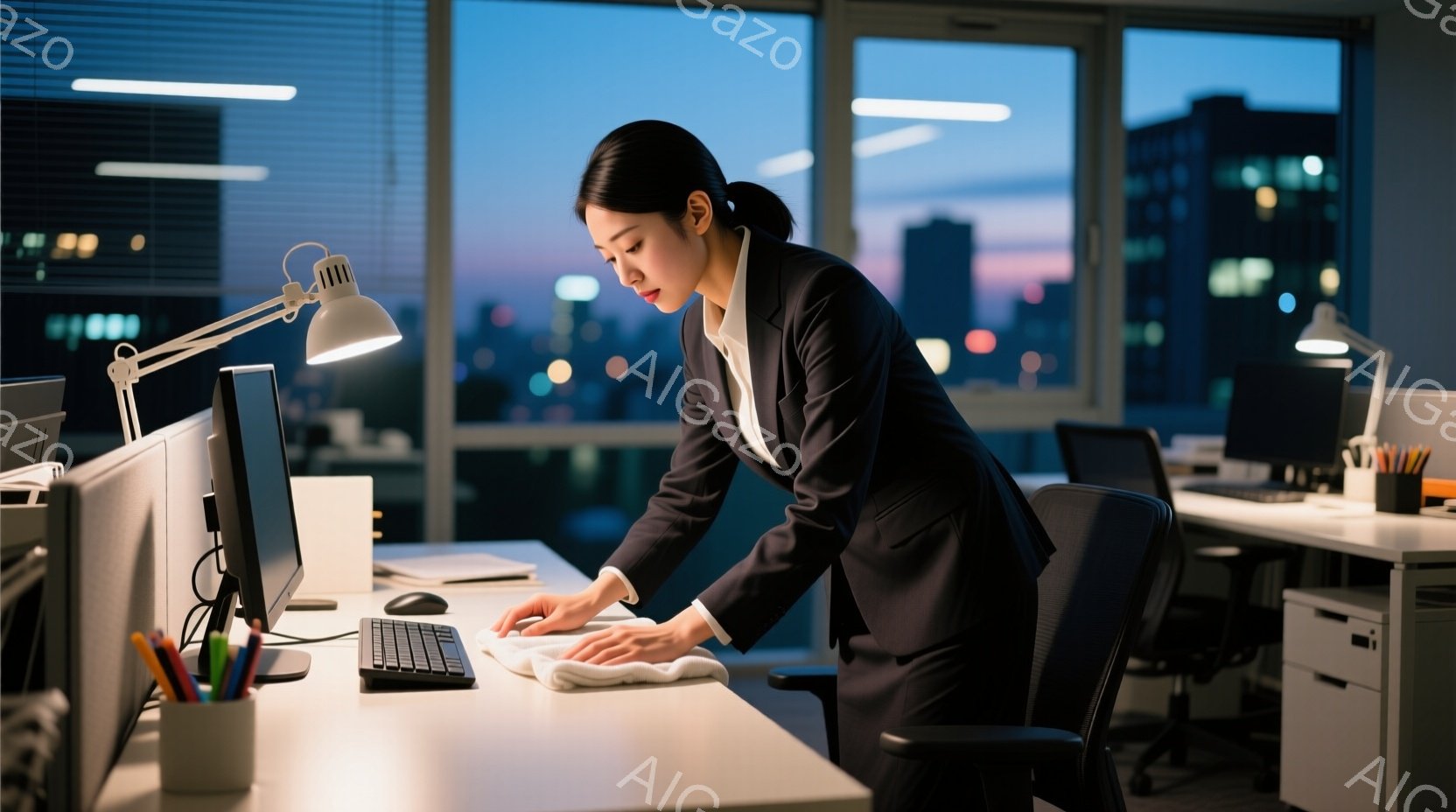 一人の女性がオフィスでデスクを拭いています。彼女は黒いスーツと白いシャツを着ており、髪は後ろでまとめられています。背景には高層ビル群が広がり、夕暮れ時の空が窓から差し込んでいます。