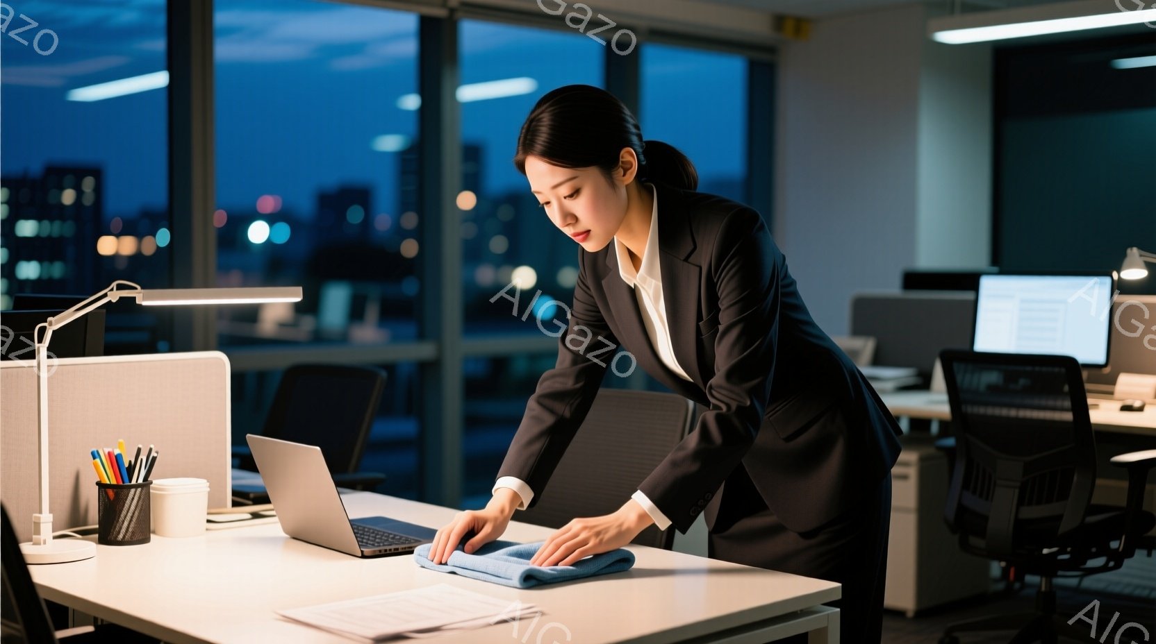 仕事着の女性が、オフィスでノートパソコンの画面を拭いています。彼女は黒いスーツに身を包み、髪は後ろでまとめています。窓の外には夜景が広がり、高層ビル群がライトアップされており、集中して作業に取り組む真 - AI生成フリー素材