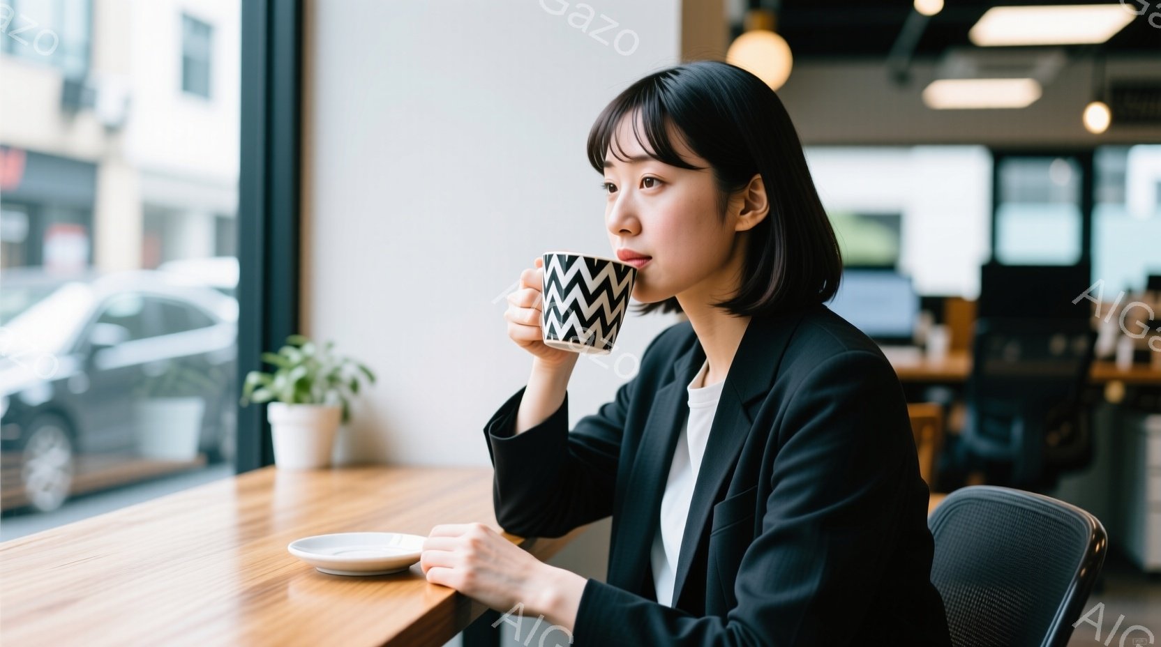 黒いジャケットと白いシャツを着た若い女性が、窓際のテーブルでカップを持って何かを飲んでいる。彼女は少し微笑んでおり、リラックスした表情をしている。背景には、街並みとカフェのインテリアが見え、穏やかで落 - AI生成フリー素材