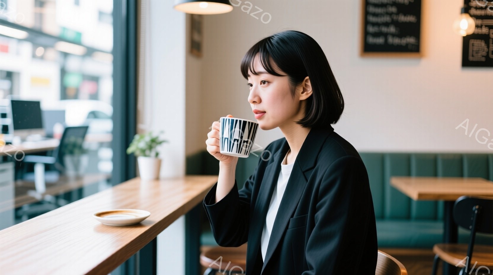 窓際のカフェで、黒いジャケットを着た若い女性がコーヒーカップを手にしている。彼女は短めの黒髪で、少し物憂げな表情をしており、落ち着いた雰囲気が漂っている。背景には木製のテーブルと緑色のベンチ、そして窓 - AI生成フリー素材