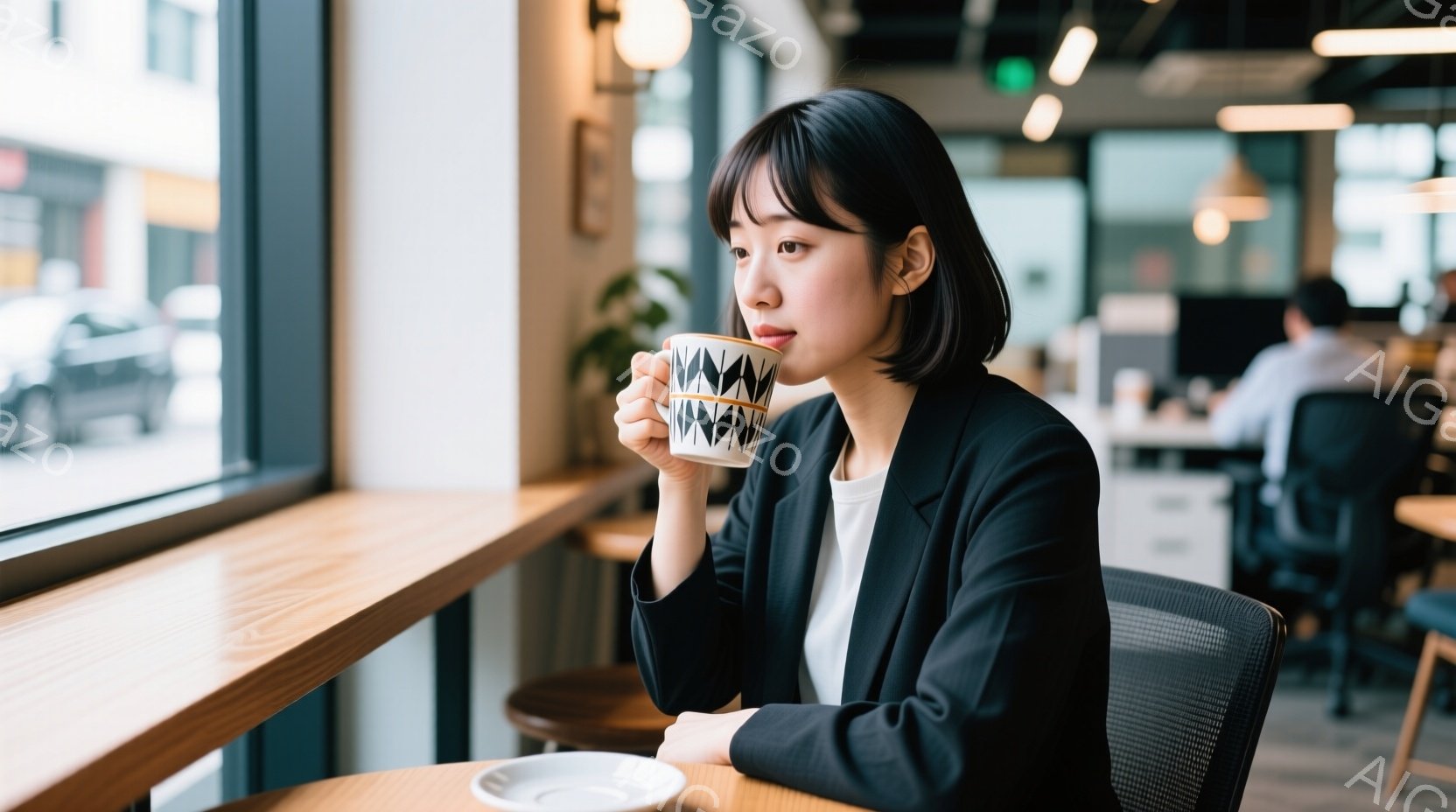 短い黒髪の女性が、窓際のテーブルでコーヒーカップを手にしている。黒いジャケットに白いインナーを着ており、横顔にはわずかな微笑みが浮かんでいる。背景には、建物が見える通りと、カフェの他の客の姿があり、穏やかで落ち着いた雰囲気が漂っている。