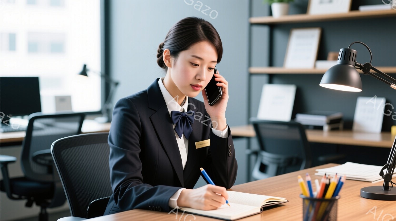 紺色のスーツと紺色のリボンタイを着用した女性が映っています。彼女は電話をしながら、机の上のノートに青いペンで何かを書き込んでいます。背景にはオフィスがあり、棚には書類が並び、落ち着いた雰囲気です。