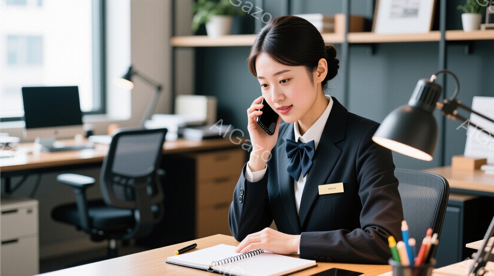 オフィスで電話に出ている女性が写っています。彼女は黒いジャケットとブラウスを着ており、髪は後ろでまとめています。彼女は笑顔で、ノートとペンを手にしながら電話に応答しており、プロフェッショナルで明るい雰 - AI生成フリー素材