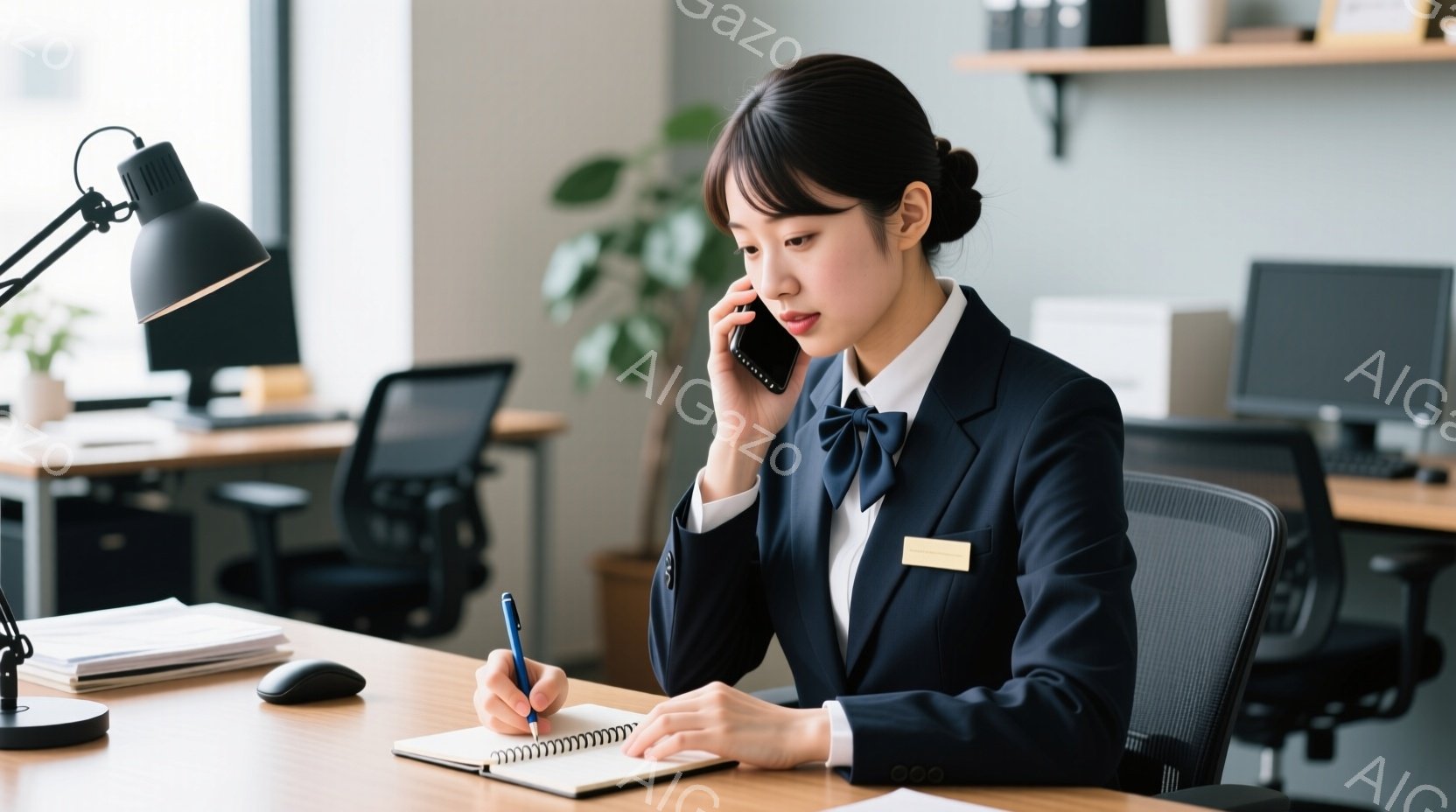 黒い髪を後ろでまとめた女性が、紺色のジャケットと白いブラウス、黒いリボンタイを着用し、オフィスで電話をしながらノートに書き込みをしている。彼女は椅子に座って少し前かがみになり、真剣な表情でペンを動かしている。背景には他のオフィスチェアやパソコン、観葉植物が見え、明るく清潔感のあるオフィス空間が広がっている。