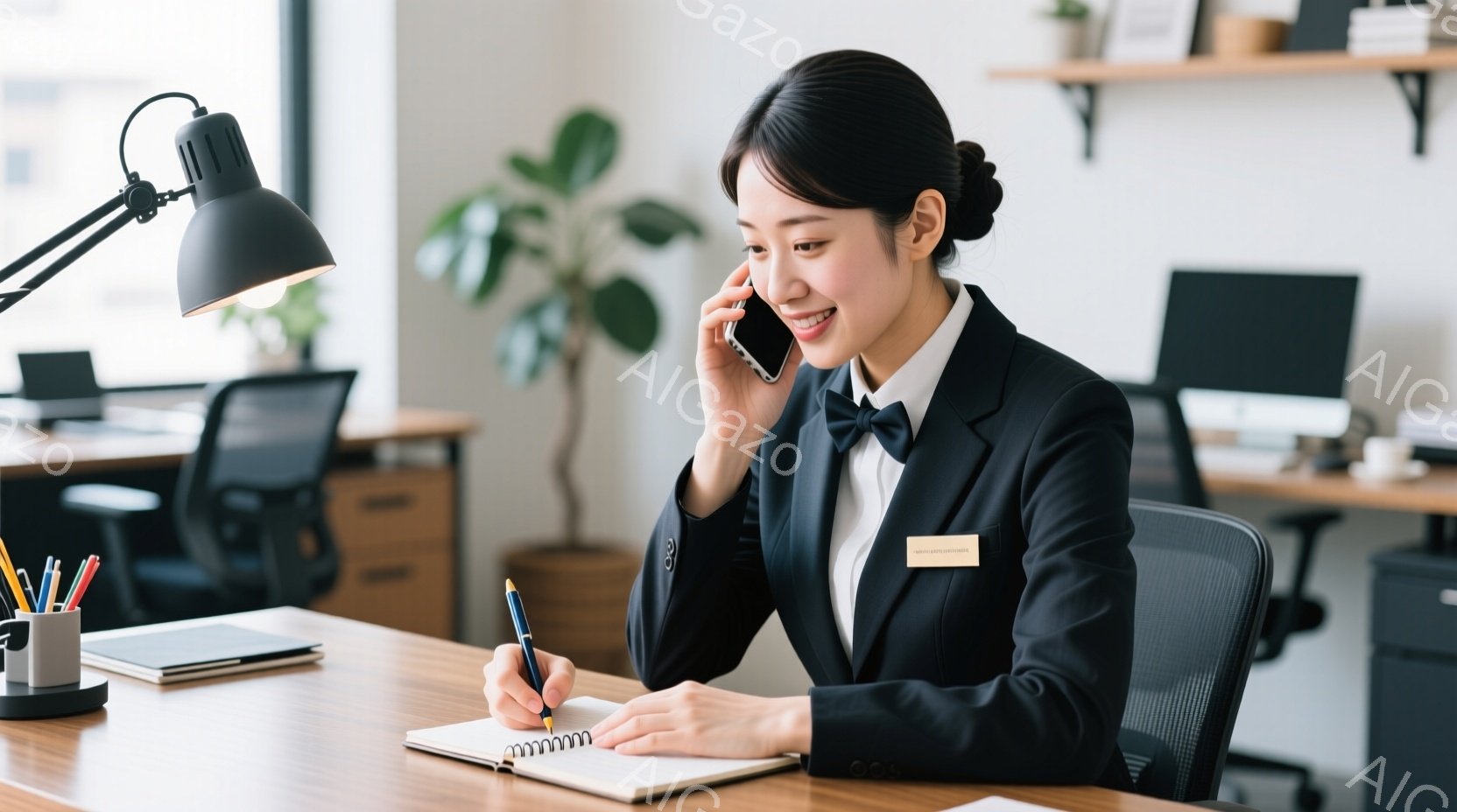黒いスーツに白いブラウス、そしてリボンタイを着用した女性が電話をしながらノートにペンで書き込みをしています。彼女は微笑んでおり、プロフェッショナルで機敏な印象を与えます。背景にはオフィス空間が広がり、観葉植物が置かれ、明るく清潔な雰囲気です。