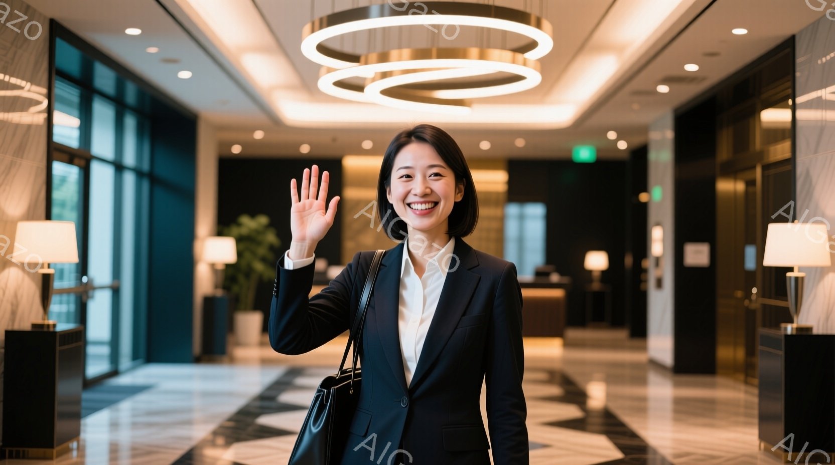 黒いスーツに白いシャツを着た女性が、ホテルのロビーで手を振って笑顔を見せています。彼女は肩に黒いハンドバッグをかけ、明るい表情でカメラの方を向いています。背景には、大理石の床とモダンな照明器具があり、 - AI生成フリー素材