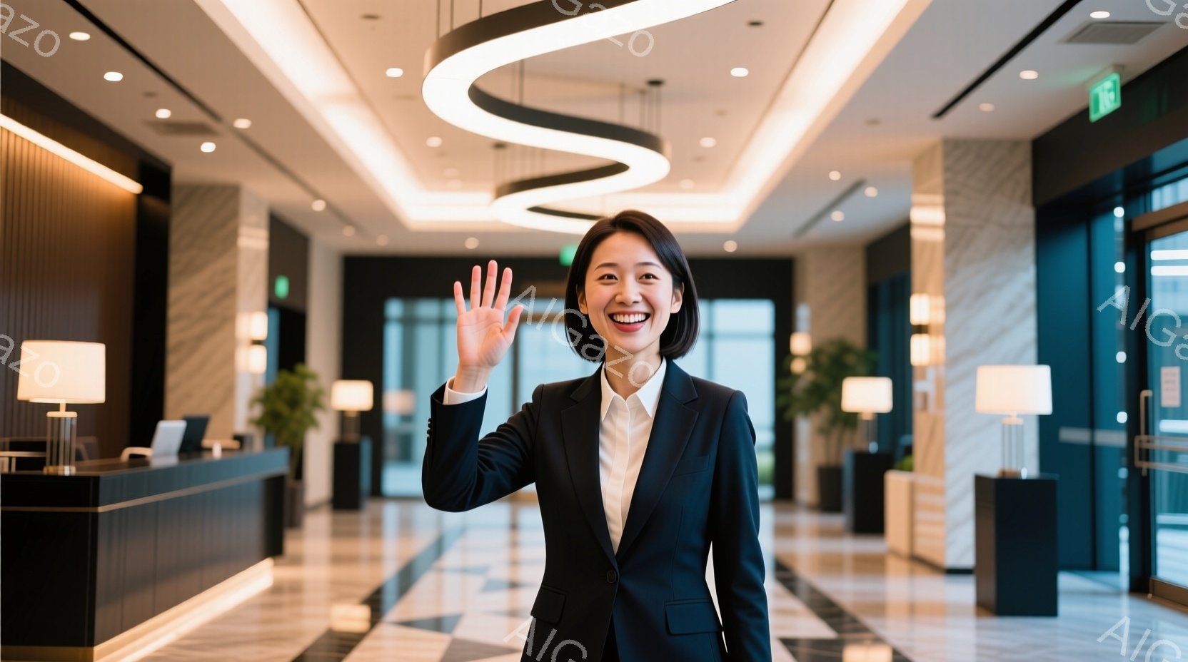 黒いスーツに白いシャツを着た女性が、明るいロビーで手を振って笑顔を見せています。彼女は短い黒髪で、姿勢も良く、親しみやすい印象を与えています。背景には、モダンなデザインの受付カウンターと、白とグレーの - AI生成フリー素材