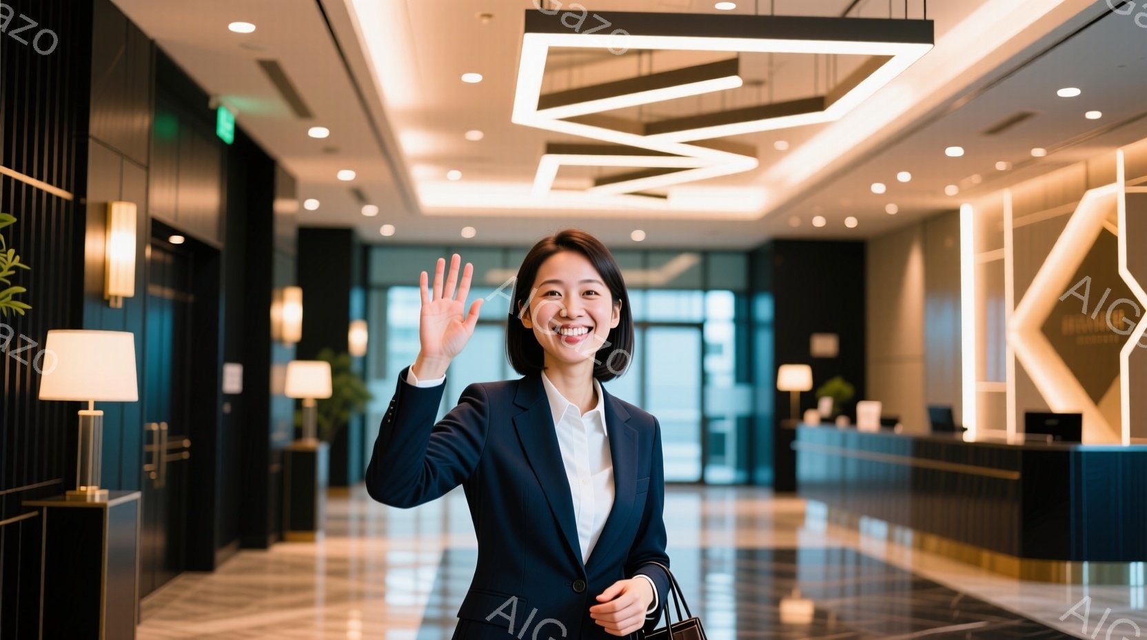 明るい笑顔で手を振っている女性が写っています。彼女は紺色のスーツに白いシャツを着ており、髪は後ろでまとめています。背景はホテルのロビーで、明るい照明と近代的なデザインが特徴的です。 - AI生成フリー素材