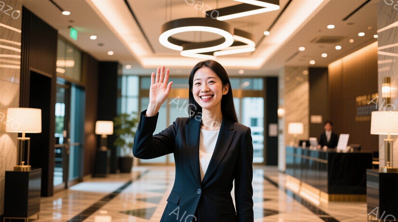 明るい笑顔で手を振る女性が写っている。黒いスーツに白いシャツを着ており、髪は後ろでまとめて、ビジネスシーンにふさわしい装いである。背景はホテルのロビーで、明るい照明と洗練された内装が印象的で、歓迎的な雰囲気を醸し出している。