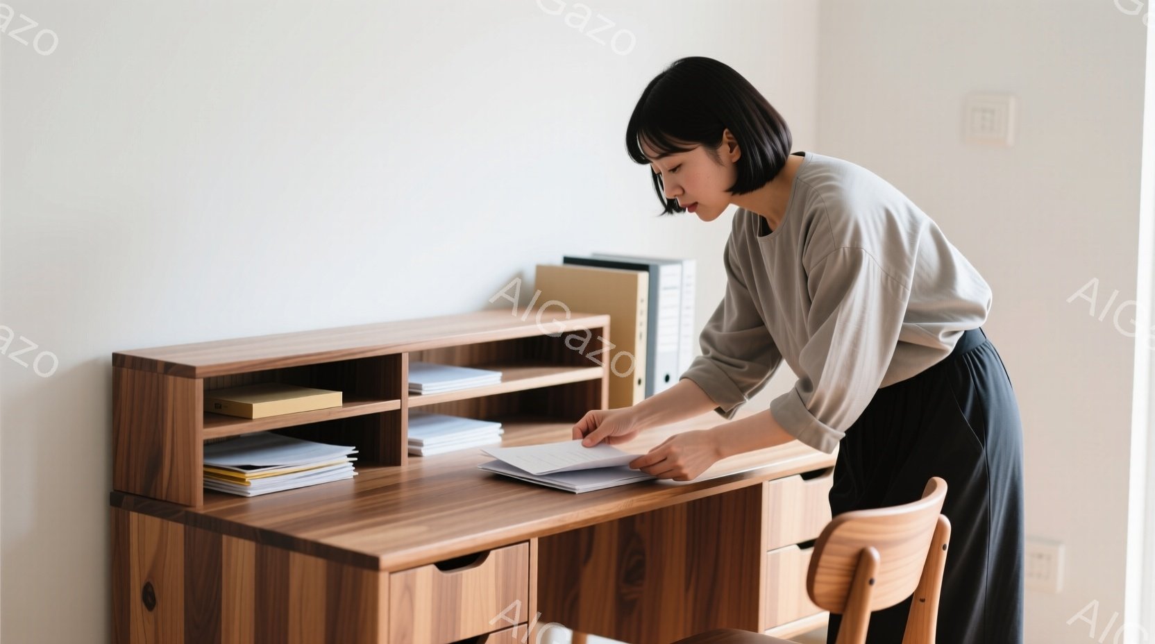 短い黒髪の女性が、木製のデスクの前で書類を手にしている。ベージュ色のゆったりとしたシャツと黒いスカートを身につけ、少し前かがみの姿勢で書類に目を通しているようだ。背景は白い壁で、デスクの上には整理された書類やファイルが置かれており、全体的に落ち着いた雰囲気が漂っている。
