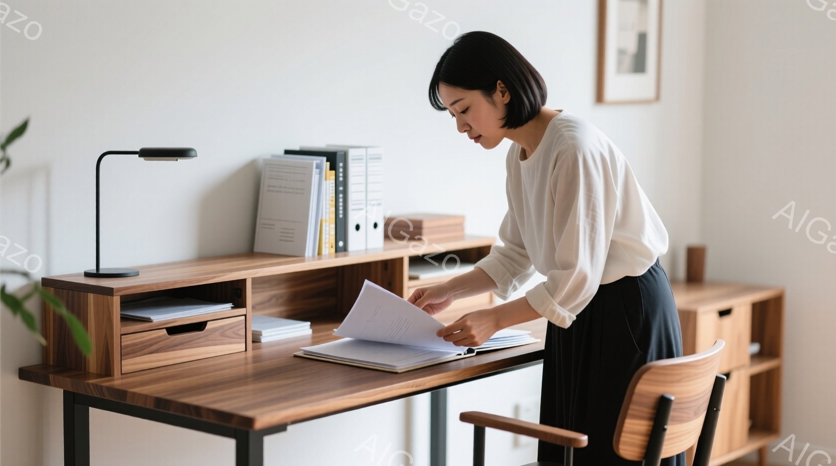女性は白いブラウスと黒いスカートを着て、木の机の前に立っている。彼女は開いた本の上に書類を置き、それを見つめながら何かを確認しているようだ。背景には木製の棚と椅子があり、室内は明るく、落ち着いた雰囲気である。
