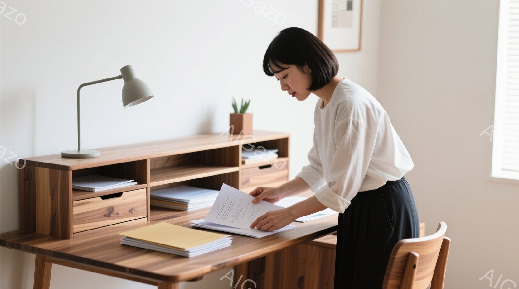 白いシャツを着た女性が、デスクの前で顔を両手で覆っています。疲労や困惑を表現した表情で、疲弊しきった様子が伺えます。背景にはモニターや書類が置かれ、オフィスの一室で夜遅くまで働く、あるいは問題を抱えているような雰囲気が漂っています。