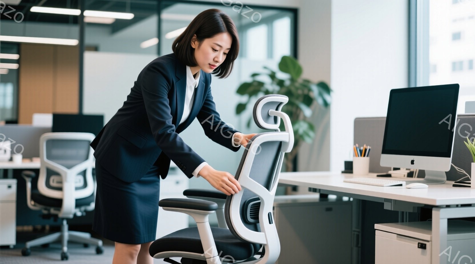 黒いスーツとスカートを着用した女性が、オフィスチェアの調整を行っています。彼女は少し前かがみの姿勢で、椅子に手を添え、真剣な表情で調整に集中しています。背景には、モダンなオフィス空間が広がり、他のオフ - AI生成フリー素材