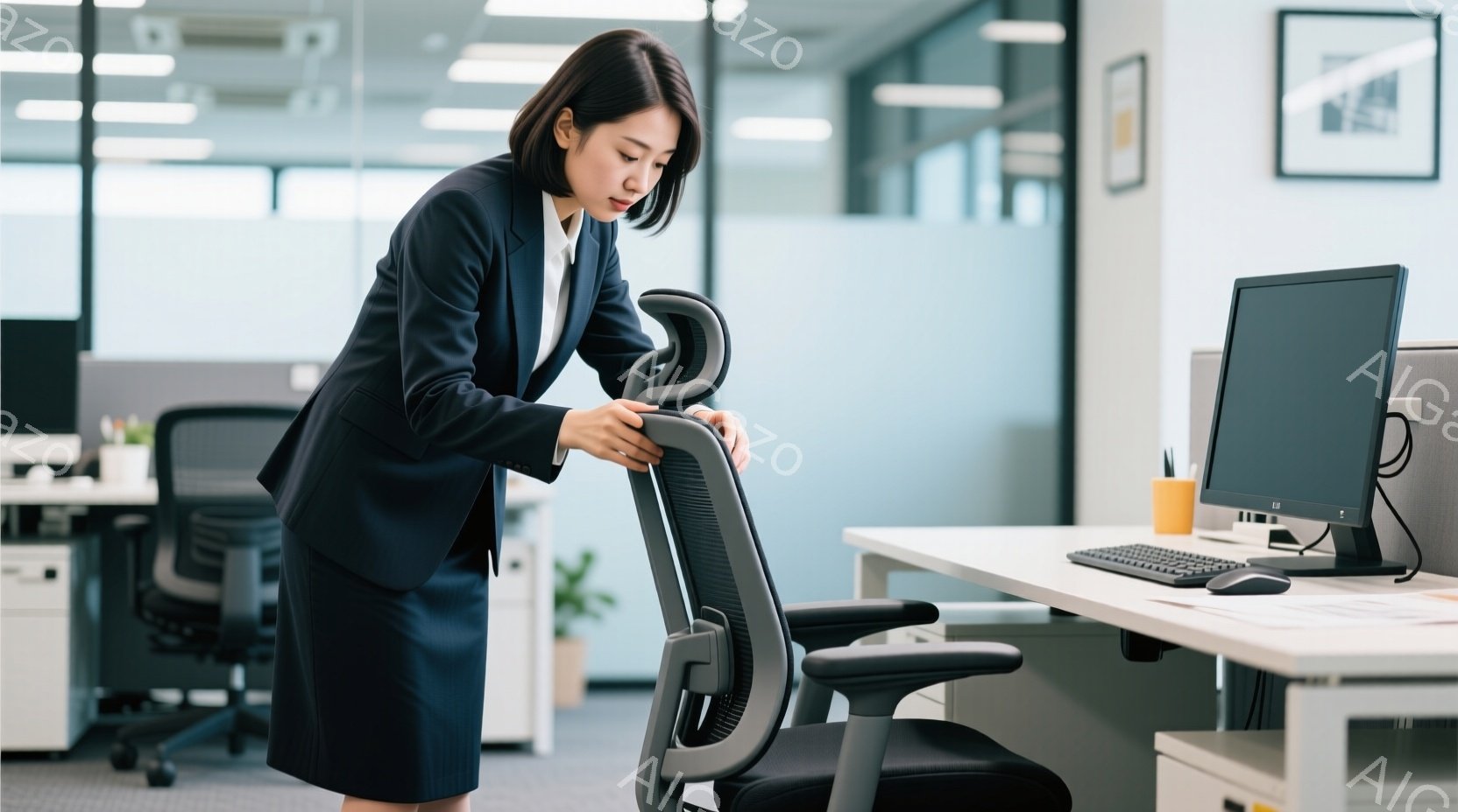 黒いスーツとスカートを着用した女性が、オフィスチェアの背もたれを調整している。彼女は黒髪で、後ろで一つにまとめている。背景には白いオフィスデスクと、他のオフィスチェアが見え、全体的に清潔でモダンな雰囲 - AI生成フリー素材