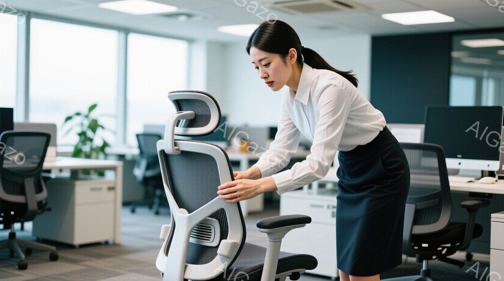 白いブラウスと黒の膝丈スカートを着用した女性が、オフィスで椅子を調整している。彼女は髪を後ろでまとめ、真剣な表情で椅子の背もたれ部分に手を添えている。背景には、整然と配置されたオフィス家具や、窓の外の - AI生成フリー素材
