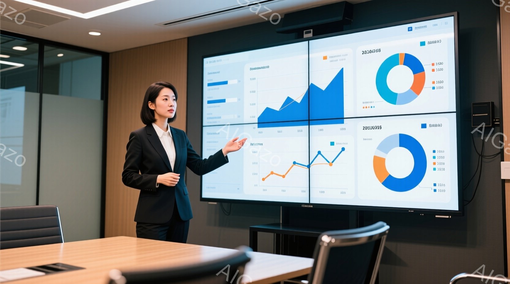 若い女性がビジネスシーンでプレゼンテーションを行っている様子が写っています。彼女は黒いジャケットと白いシャツを着用し、髪は後ろで一つにまとめている。背景にはグラフやデータが表示された大きなモニターが複数あり、明るい光が差し込む近代的な会議室の雰囲気が感じられます。