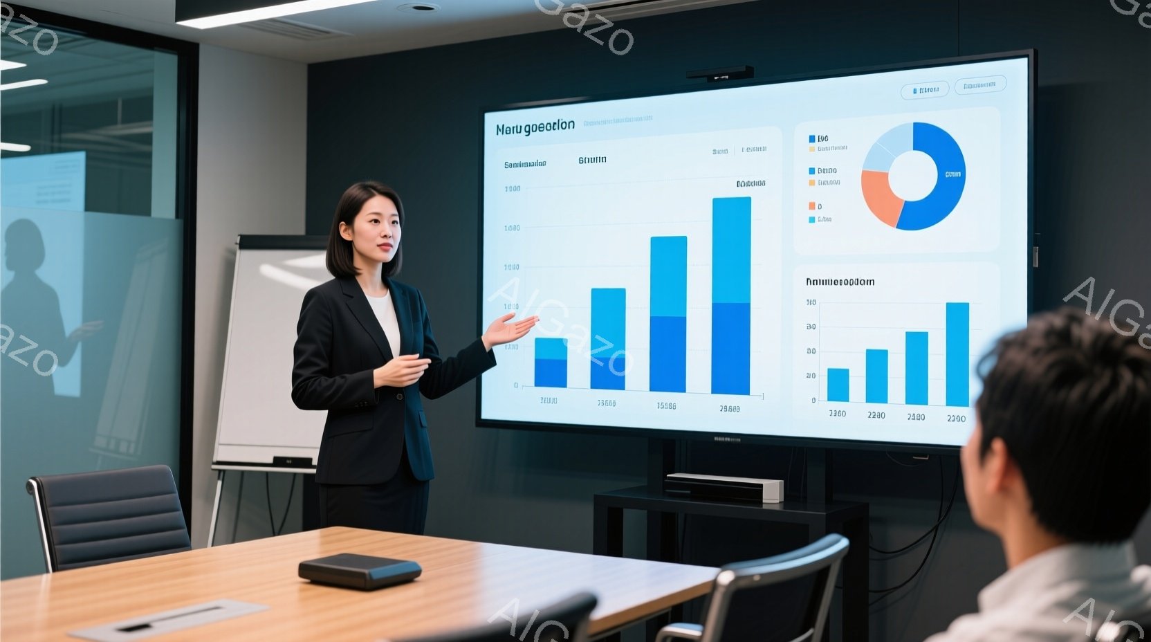 女性が会議室でプレゼンテーションを行っています。彼女は黒いスーツを着ており、髪は後ろにまとめています。背景にはグラフが表示された大きな画面があり、他の参加者が彼女の話に耳を傾けています。