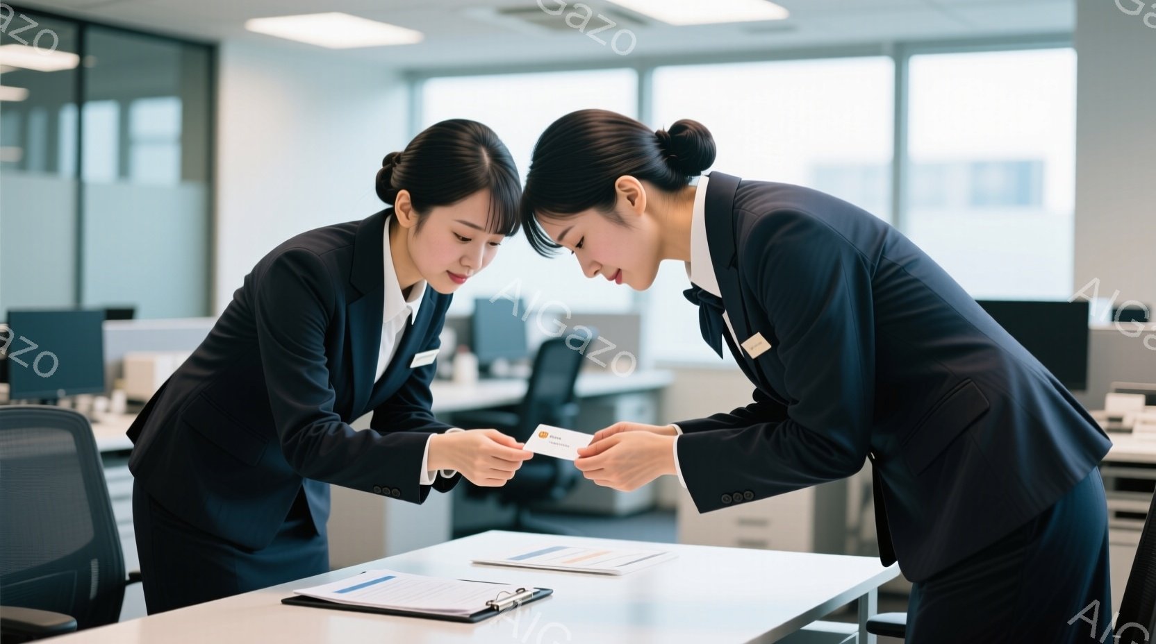 2人の女性がオフィスで名刺を手にしながら、真剣な表情で何かを確認しています。彼女たちは黒いスーツに白いブラウス、そして髪を後ろでまとめたスタイルで、プロフェッショナルな印象を与えます。背景にはオフィス内のデスクやチェアが見え、室内は明るく、ビジネスシーンを連想させる雰囲気です。