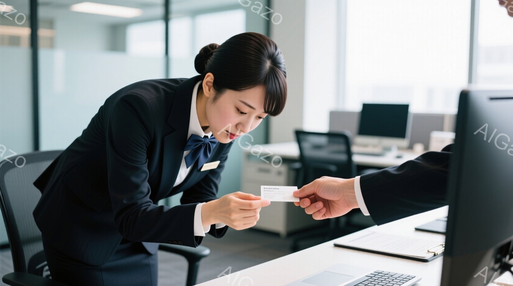 女性は黒いジャケットと白いブラウスを着て、首にリボンを結んでいます。彼女は前かがみになり、誰かから受け取った名刺を注意深く見ています。背景にはオフィスがあり、いくつかのデスクとコンピューターが見え、全体的に落ち着いた雰囲気です。