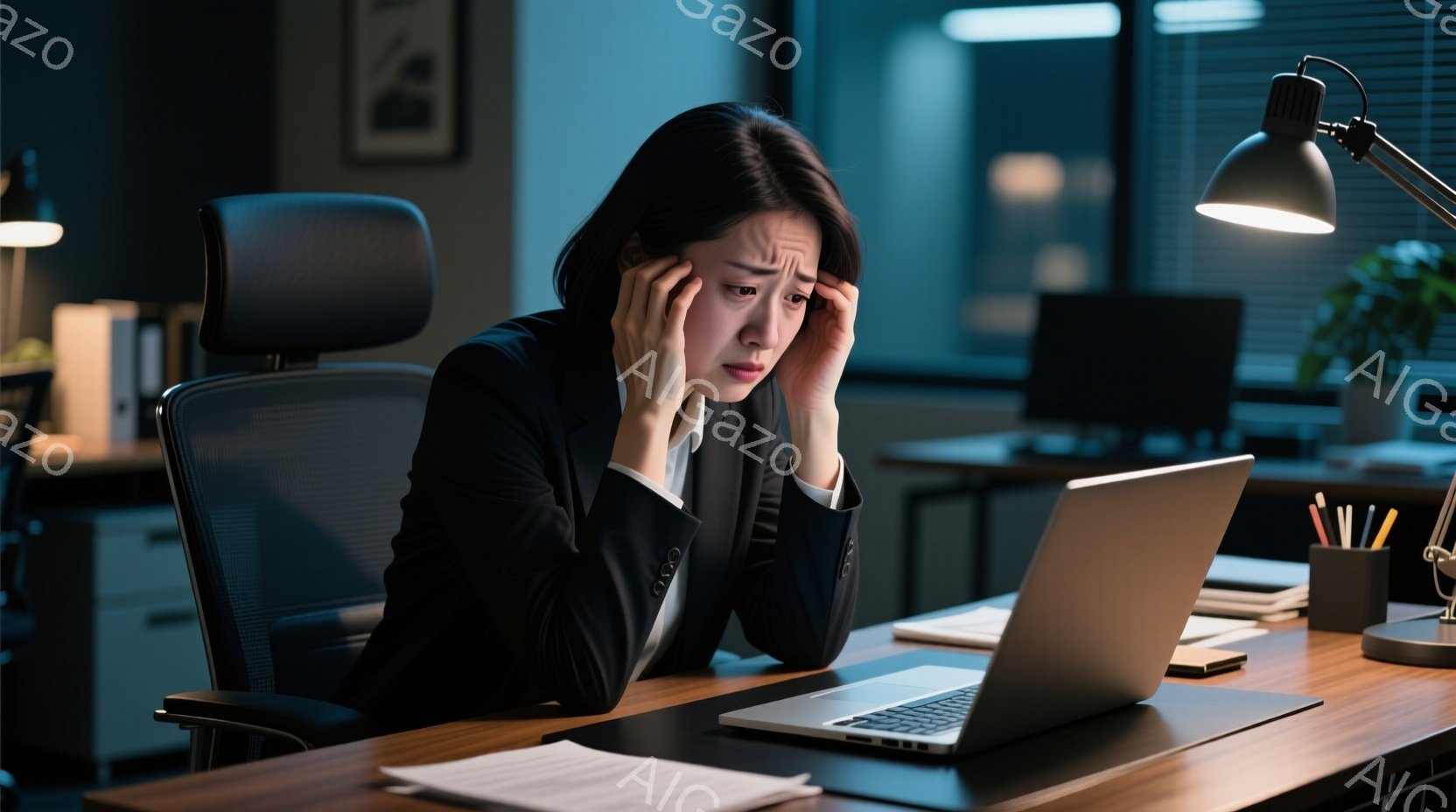 仕事デスクに座った女性は、疲れた表情で両手で頭を抱えています。彼女は黒いスーツを着ており、髪は後ろでまとめられています。デスクの上にはノートパソコンや文房具が散らばっており、薄暗い室内は夜のオフィスら - AI生成フリー素材