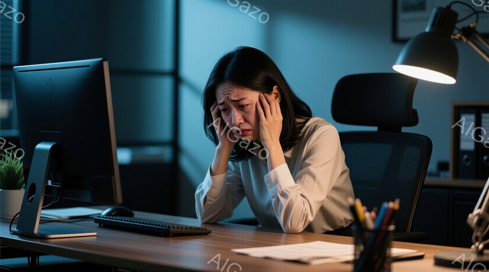 白いシャツを着た女性が、パソコンの前に座って頭を抱えています。彼女の表情は疲労とストレスに満ちており、深い悩みを抱えているように見えます。背景はオフィスの一室で、書類や筆記用具が散乱し、暗い照明が彼女の苦境を強調しています。