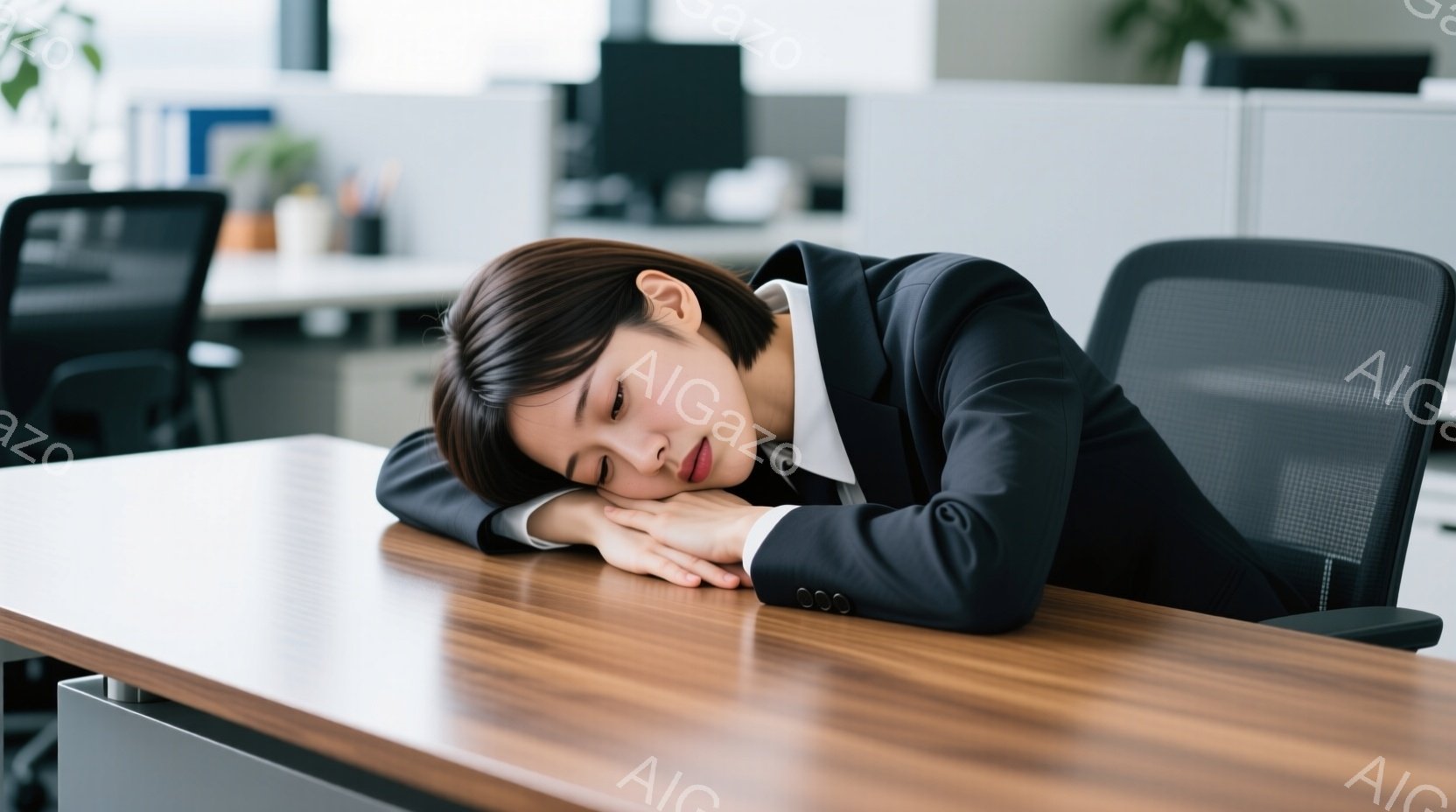 スーツを着た若い女性が、オフィスのデスクに肘をついてうつ伏せになり、眠っているように見える。彼女はダークブラウンの短い髪をしており、疲れた表情で目を閉じている。背景には他のオフィスデスクが見え、オフィ - AI生成フリー素材