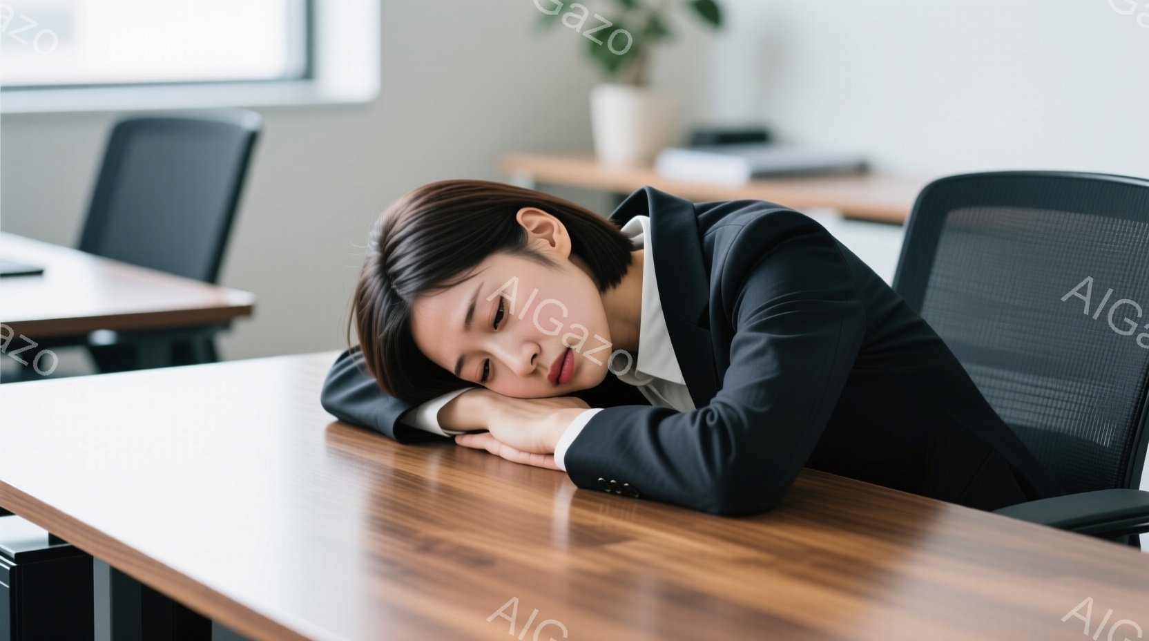 スーツを着た女性が、木の机に額を預けて眠っている様子が写っています。彼女は黒髪で、疲れた表情をしています。背景にはオフィスのような空間が広がり、他の椅子や植物が見えますが、全体的に静かで、彼女の疲労感を強調するような雰囲気です。