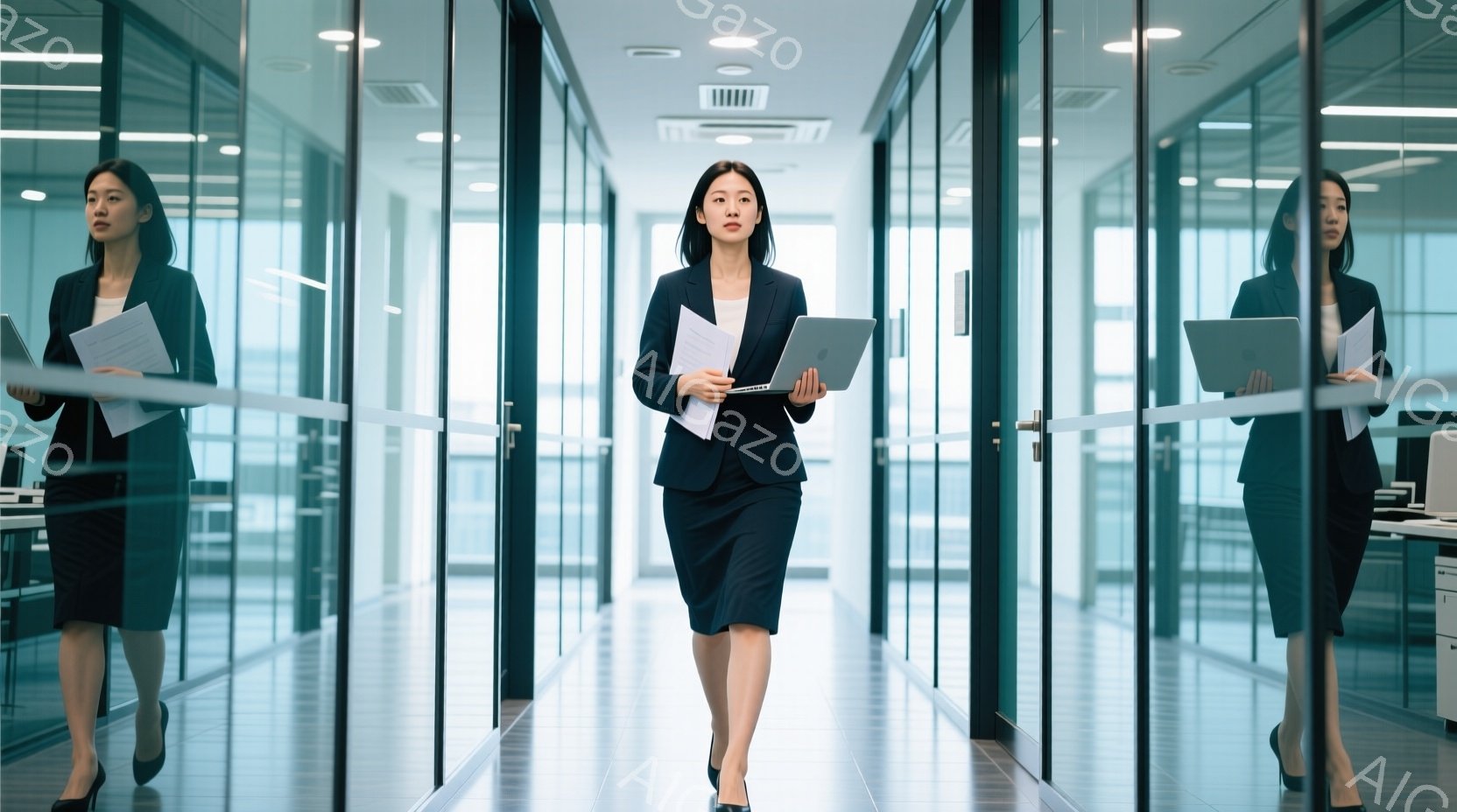 ビジネスウーマンが、明るいオフィス内をまっすぐ歩いている。彼女は紺色のスーツと黒のパンプスを身につけ、手に書類とノートパソコンを持っている。背景はガラス張りの壁とオフィス家具で、全体的に清潔でプロフェ - AI生成フリー素材