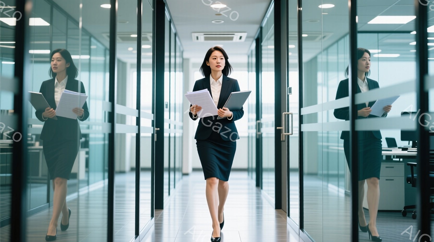 一人の女性がオフィス内を歩いている。黒いスーツと膝丈のスカート、ヒールを履き、手に書類を二枚持っている。背景はガラス張りのオフィスで、モダンで清潔感のある雰囲気が漂っている。
