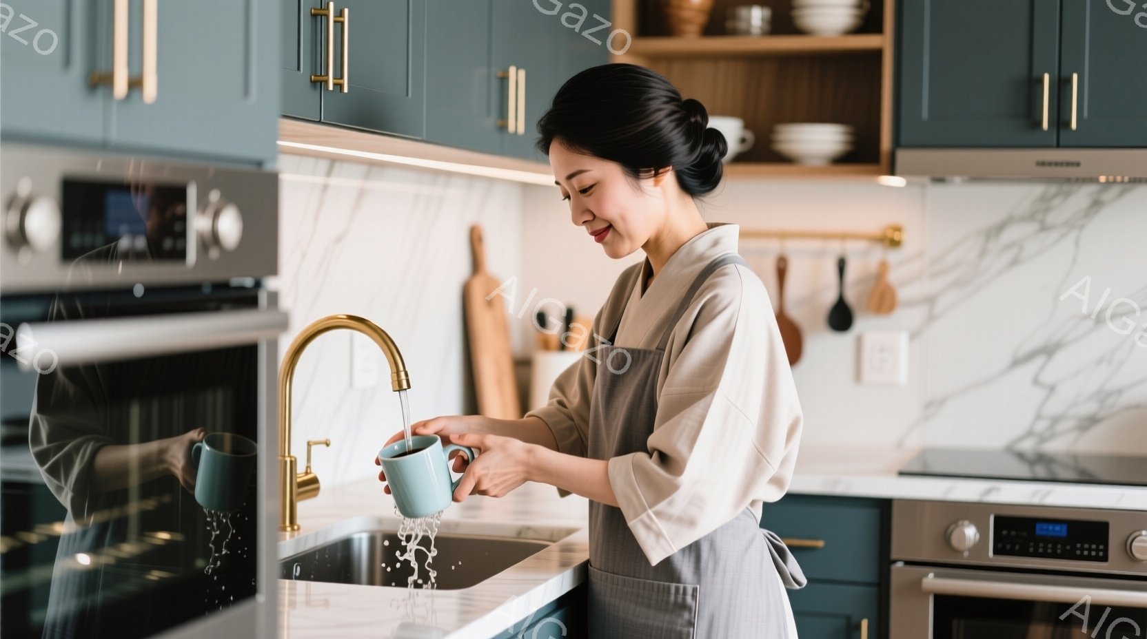 明るいキッチンで、女性がエプロン姿でシンクでマグカップを洗っています。彼女は髪を後ろでまとめ、穏やかな笑顔を浮かべています。背景には、白い大理石調のカウンターと、青色のキャビネット、ステンレス製のオー - AI生成フリー素材