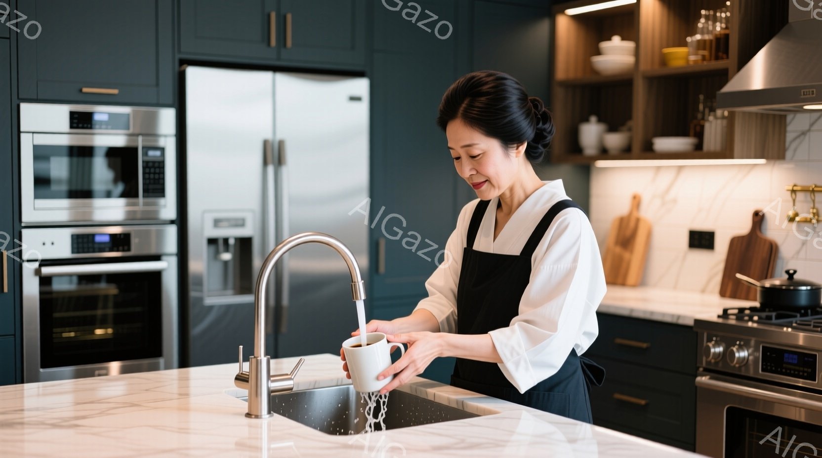 深緑色のキッチンで、白いブラウスと黒いエプロンを着た女性がシンクで白いマグカップを洗っています。髪は後ろでまとめられ、穏やかな表情で優雅な姿勢を保っています。背景には、ステンレス製のオーブンや冷蔵庫、 - AI生成フリー素材