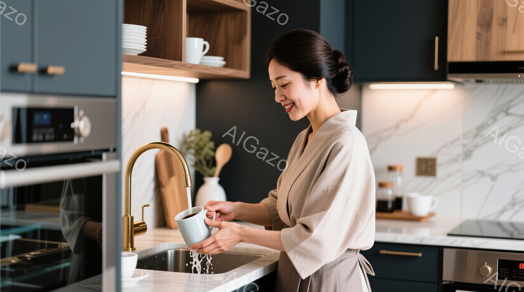 明るいキッチンで、ベージュ色のローブを着た女性がシンクでマグカップを洗っています。彼女は髪を後ろでまとめ、微笑んでおり、リラックスした表情をしています。背景には、木製のキャビネットと白い大理石のカウンターがあり、全体的に温かみのある雰囲気です。