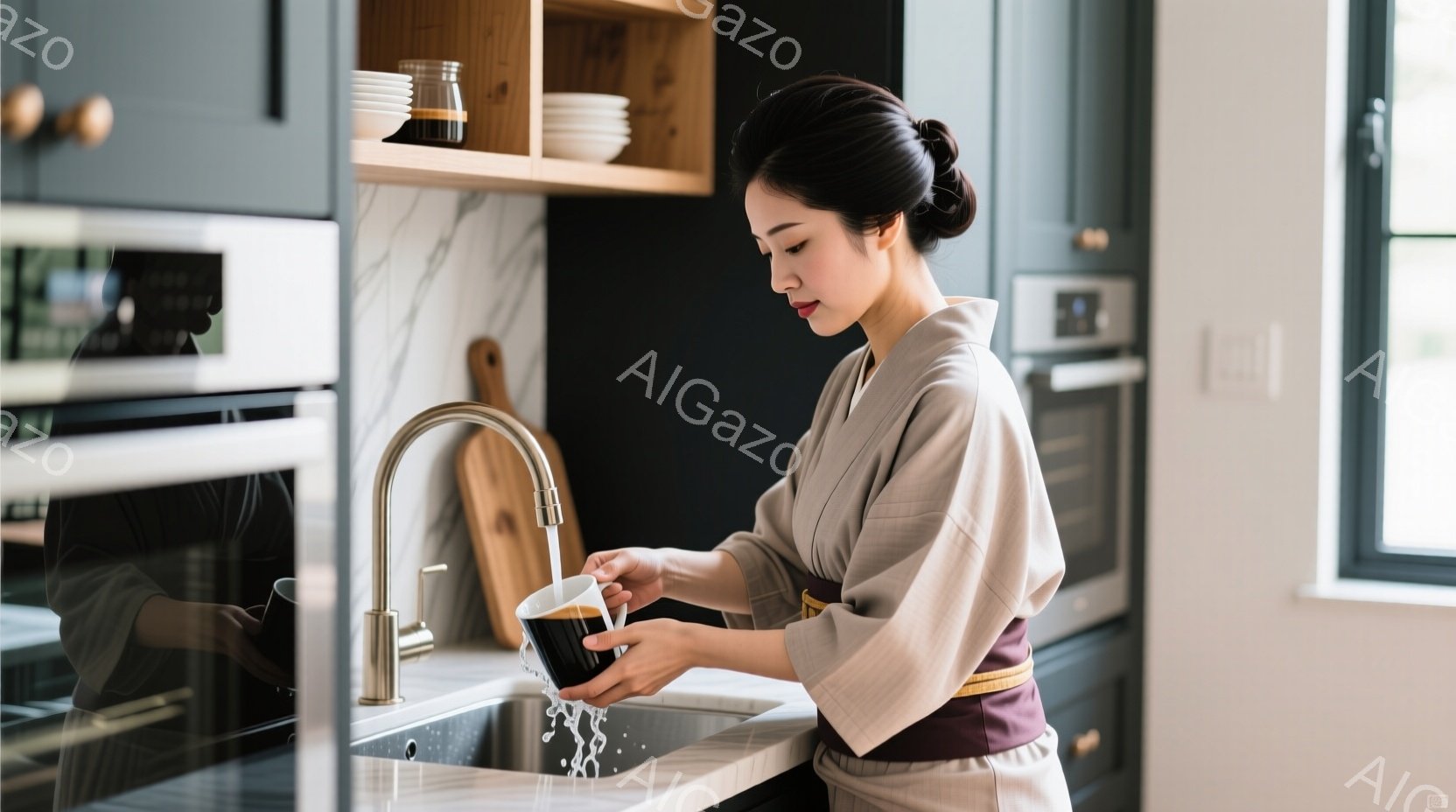 薄いベージュ色の着物のような服を着た女性が、キッチンでコーヒーカップを洗っています。髪は後ろでまとめられ、顔は真剣な表情でカップに集中しています。背景には白いタイルと木製のキャビネットがあり、モダンで清潔なキッチンの雰囲気です。